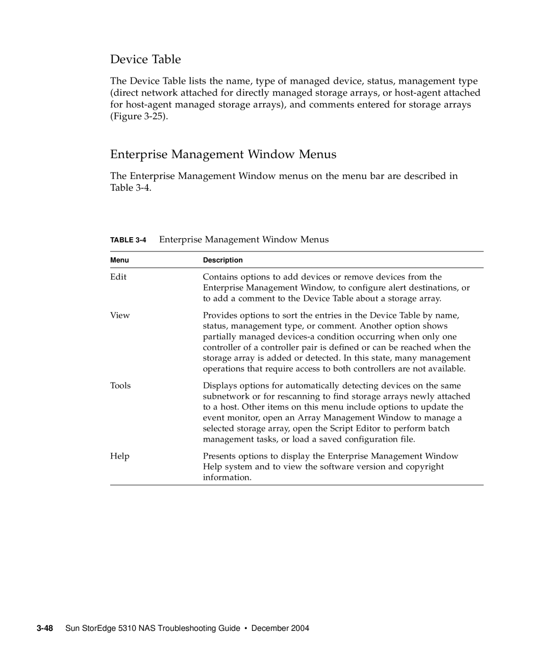 Sun Microsystems 5310 NAS manual Device Table, 4Enterprise Management Window Menus 