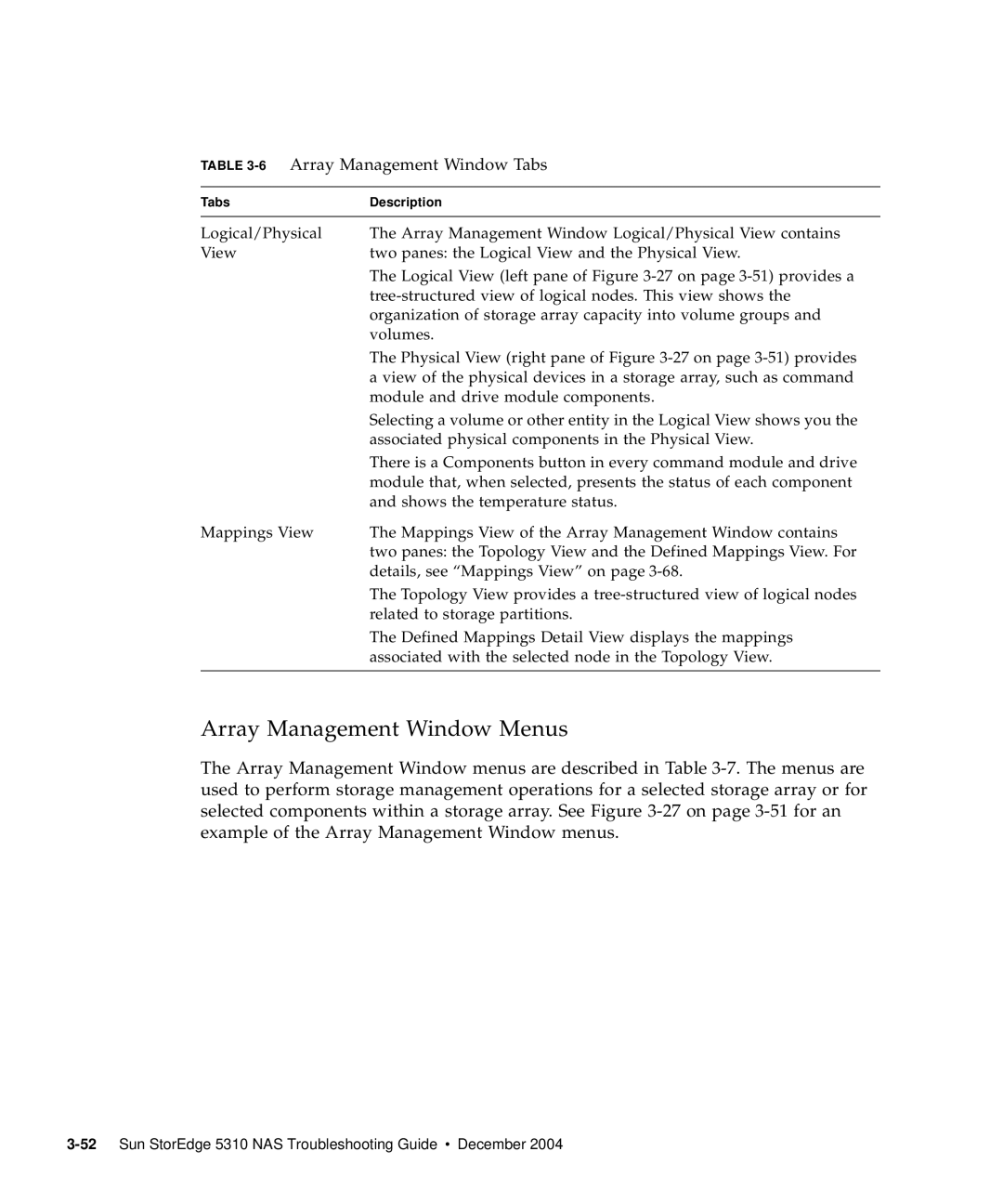 Sun Microsystems 5310 NAS manual Array Management Window Menus, 6Array Management Window Tabs 