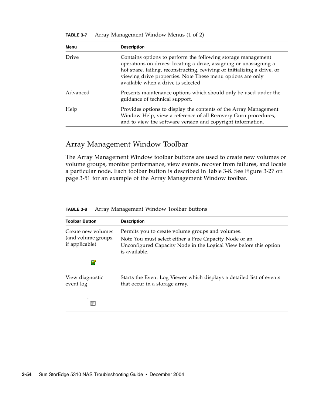 Sun Microsystems 5310 NAS manual 8Array Management Window Toolbar Buttons 