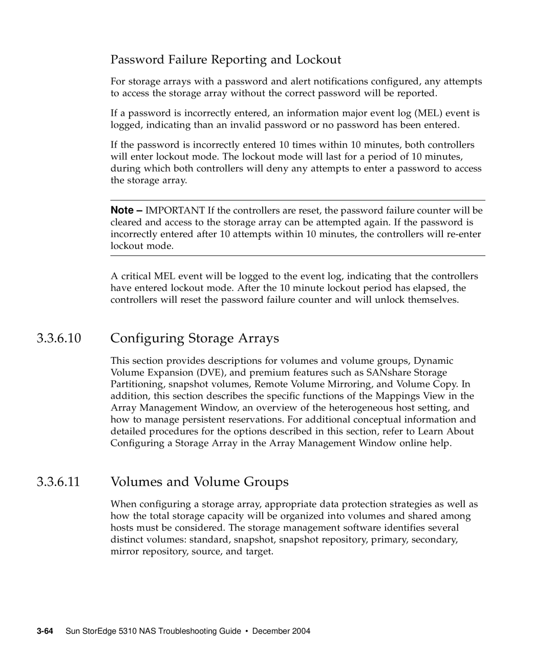 Sun Microsystems 5310 NAS Configuring Storage Arrays, Volumes and Volume Groups, Password Failure Reporting and Lockout 