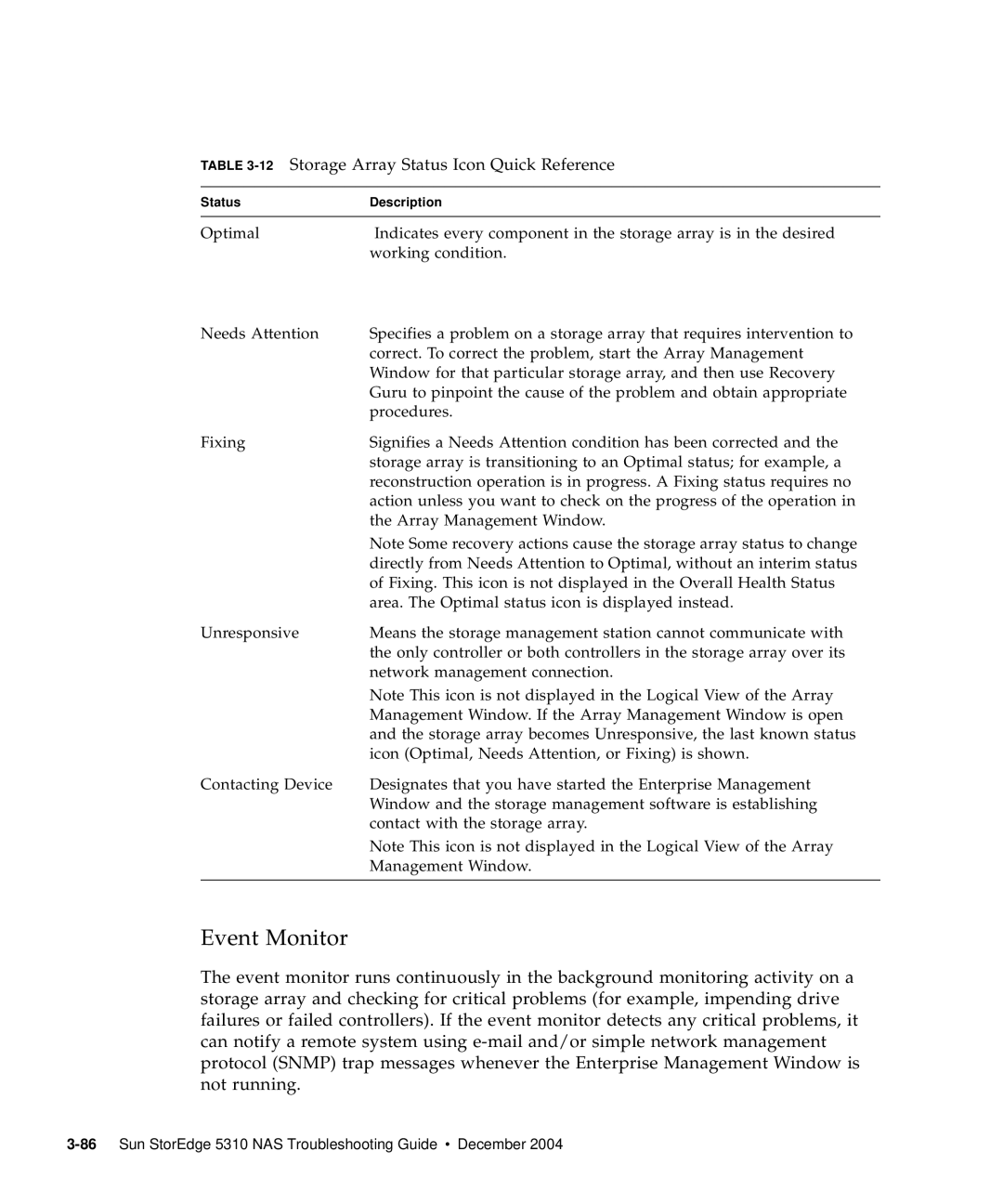 Sun Microsystems 5310 NAS manual Event Monitor, 12Storage Array Status Icon Quick Reference 