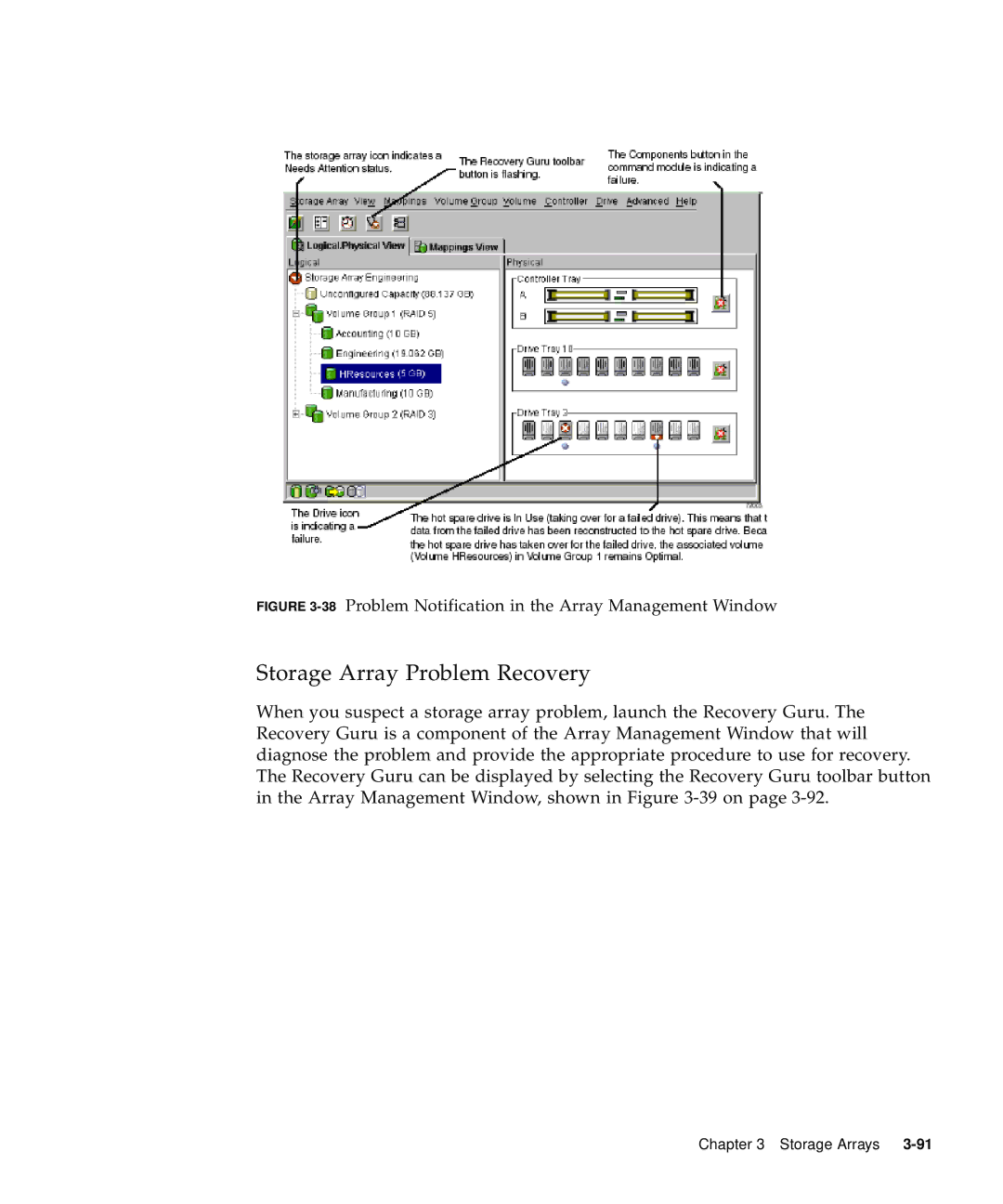 Sun Microsystems 5310 NAS manual Storage Array Problem Recovery, 38Problem Notification in the Array Management Window 