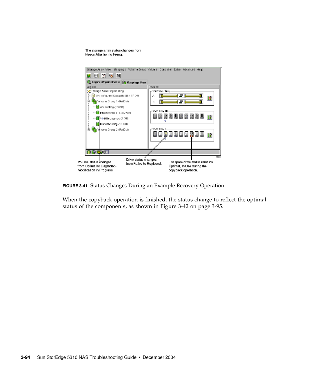 Sun Microsystems 5310 NAS manual 41Status Changes During an Example Recovery Operation 