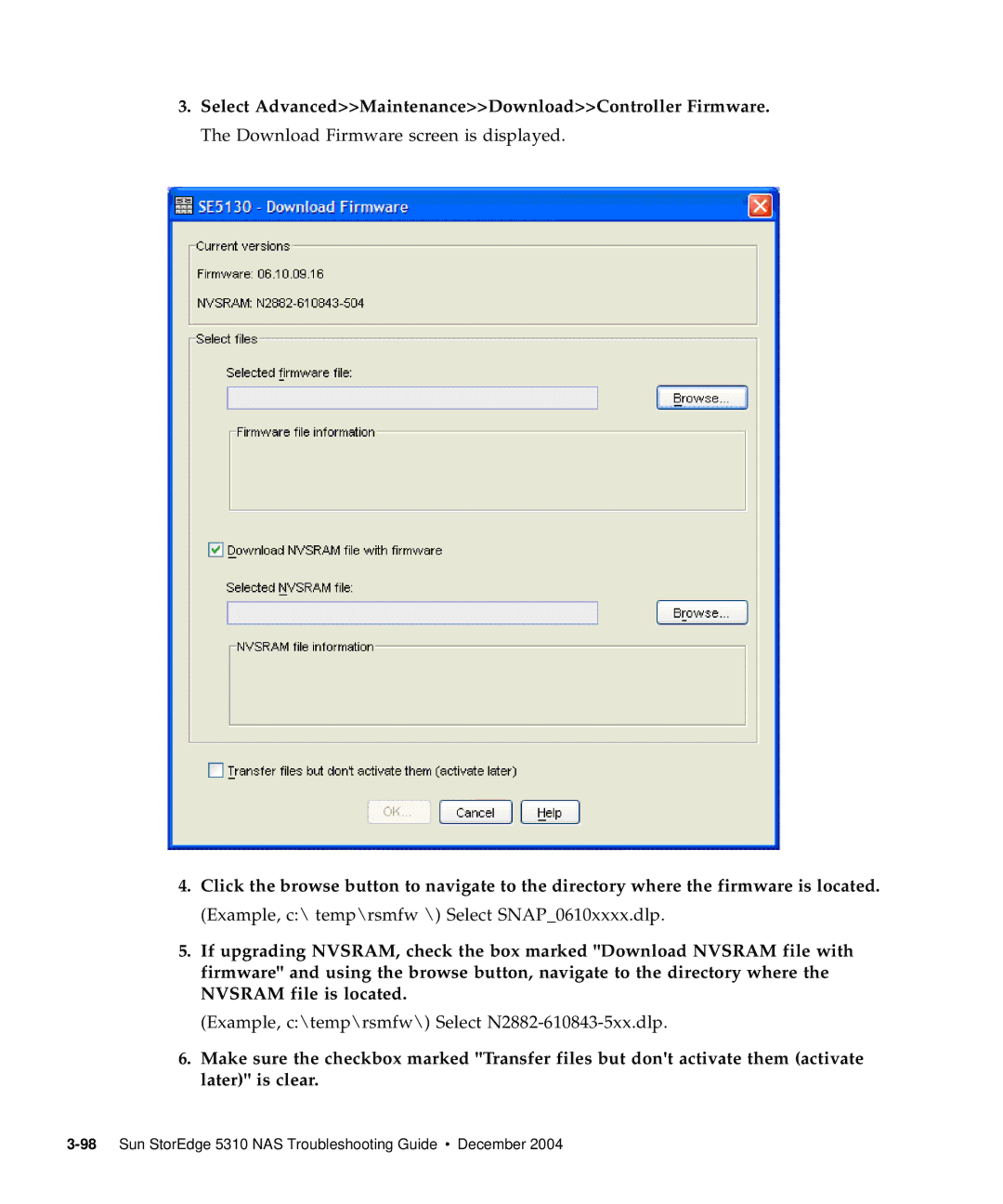 Sun Microsystems 5310 NAS manual Example, c\temp\rsmfw\ Select N2882-610843-5xx.dlp 