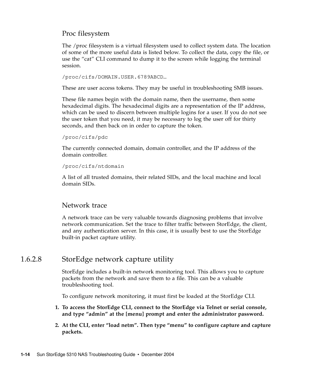 Sun Microsystems 5310 NAS manual StorEdge network capture utility, Proc filesystem, Network trace 