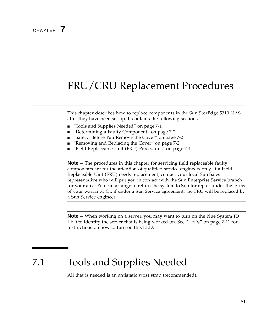 Sun Microsystems 5310 NAS manual FRU/CRU Replacement Procedures, Tools and Supplies Needed 