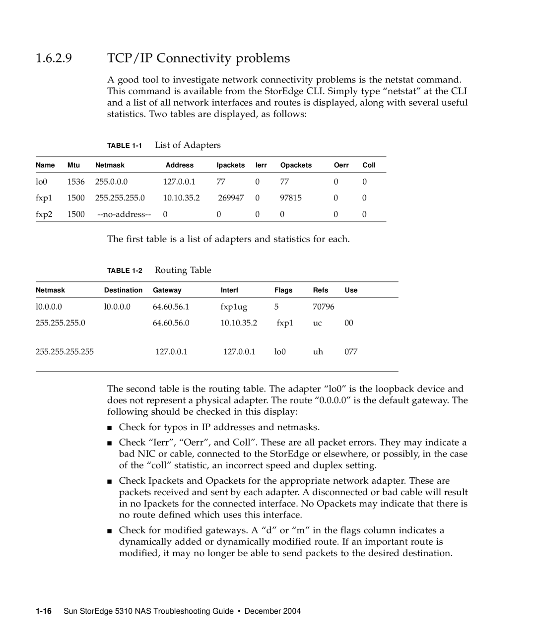 Sun Microsystems 5310 NAS manual 2.9 TCP/IP Connectivity problems, 1List of Adapters, 2Routing Table 