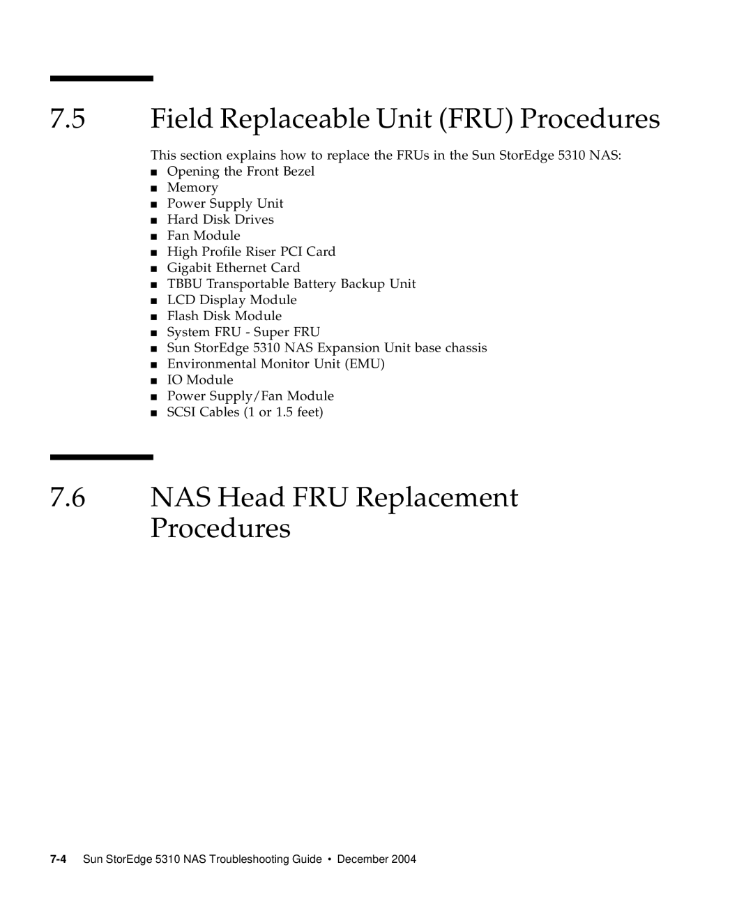 Sun Microsystems 5310 NAS manual Field Replaceable Unit FRU Procedures, NAS Head FRU Replacement Procedures 