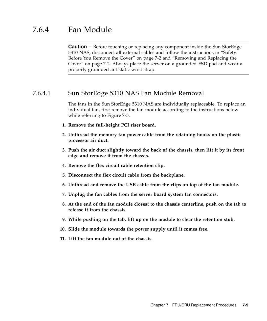 Sun Microsystems manual Sun StorEdge 5310 NAS Fan Module Removal 