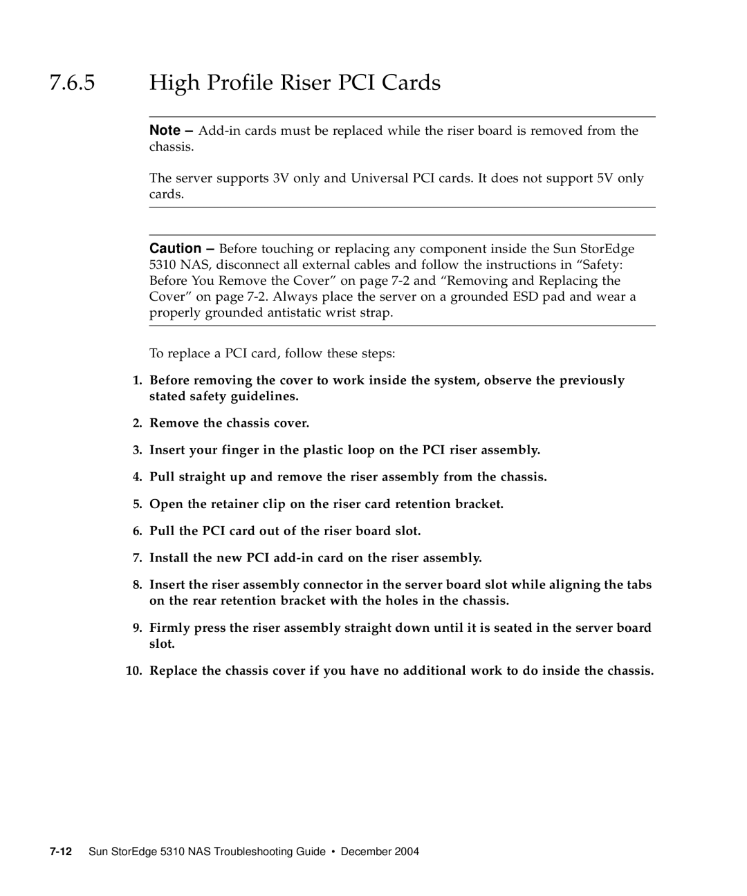 Sun Microsystems 5310 NAS manual High Profile Riser PCI Cards 