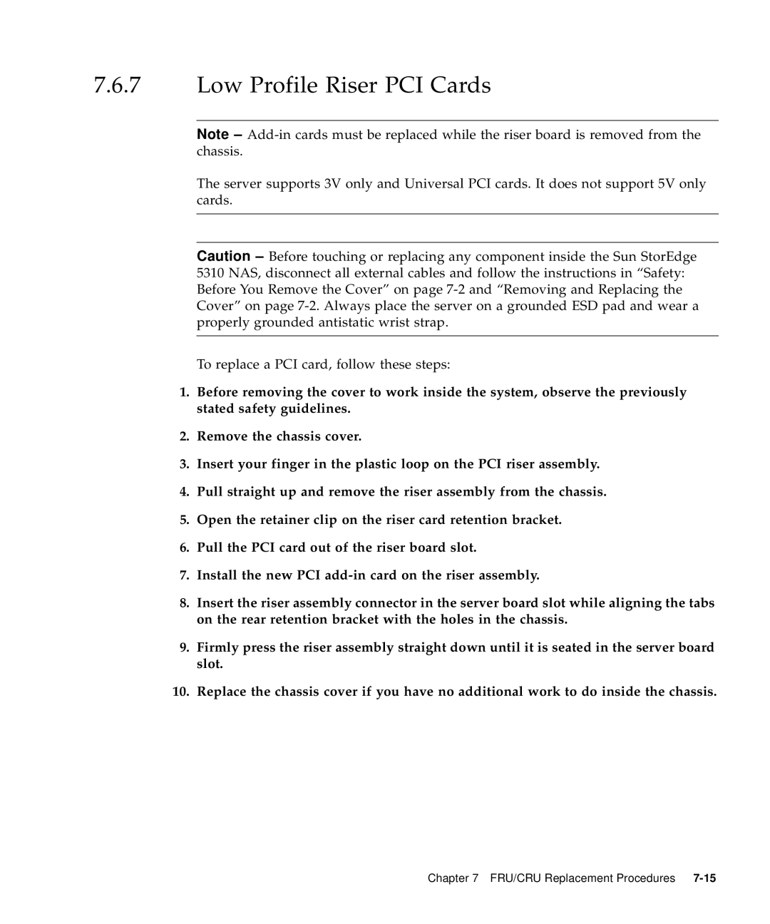 Sun Microsystems 5310 NAS manual Low Profile Riser PCI Cards 