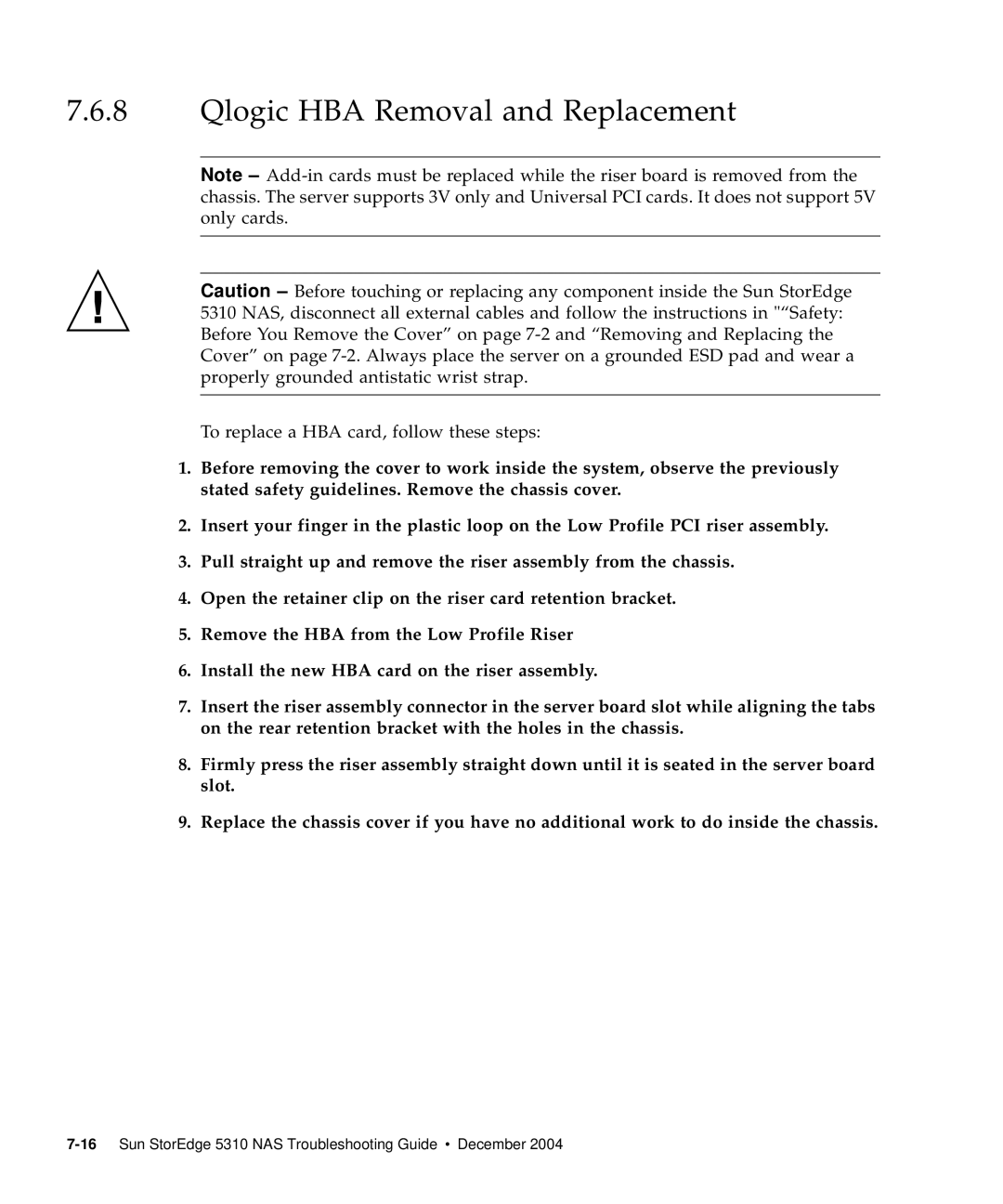 Sun Microsystems 5310 NAS manual Qlogic HBA Removal and Replacement 