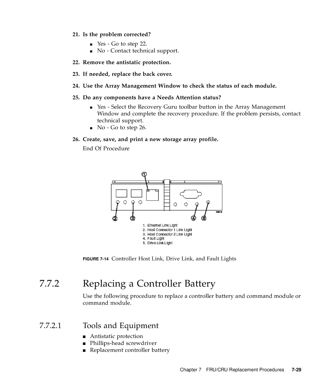 Sun Microsystems 5310 NAS manual Replacing a Controller Battery, 14Controller Host Link, Drive Link, and Fault Lights 