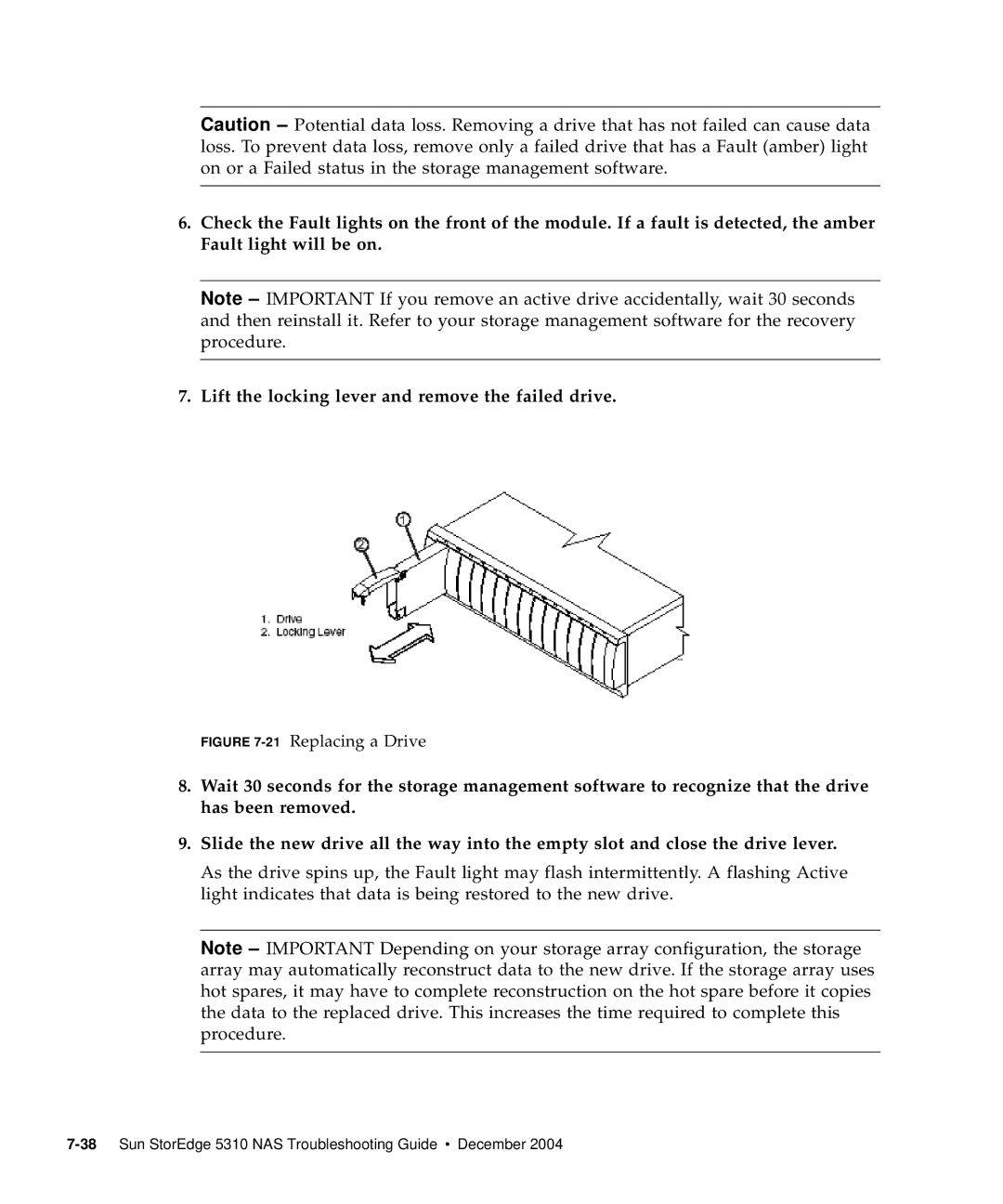 Sun Microsystems 5310 NAS manual 21Replacing a Drive 