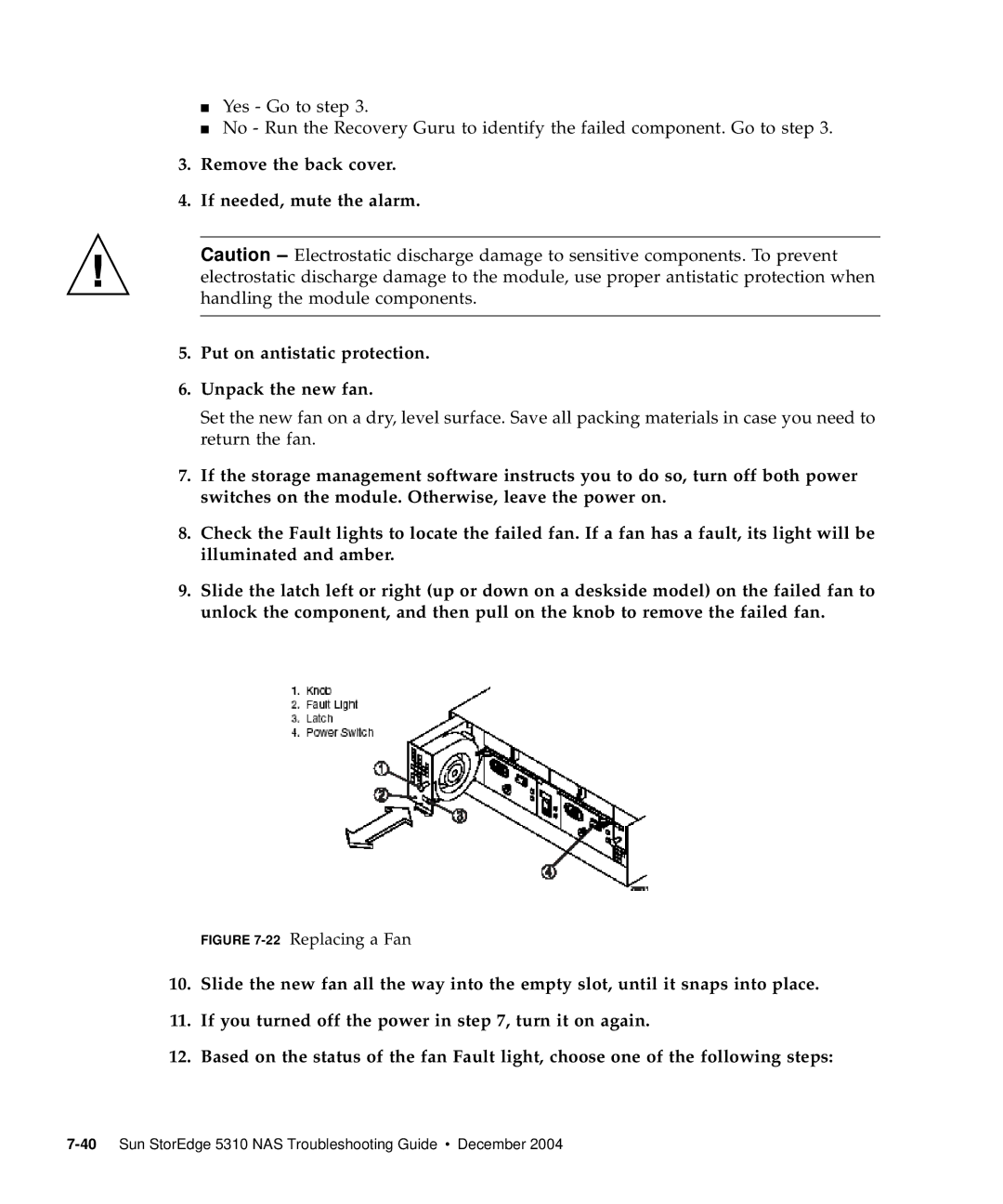 Sun Microsystems 5310 NAS manual 22Replacing a Fan 