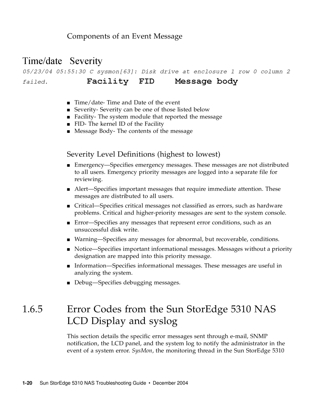 Sun Microsystems 5310 NAS Time/date Severity, Components of an Event Message, Severity Level Definitions highest to lowest 