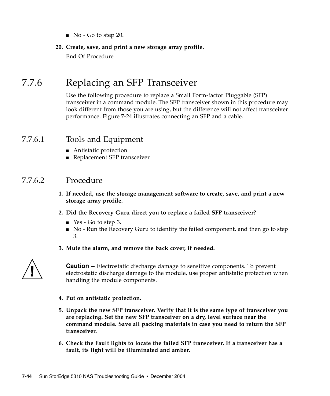 Sun Microsystems 5310 NAS manual Replacing an SFP Transceiver, Tools and Equipment 