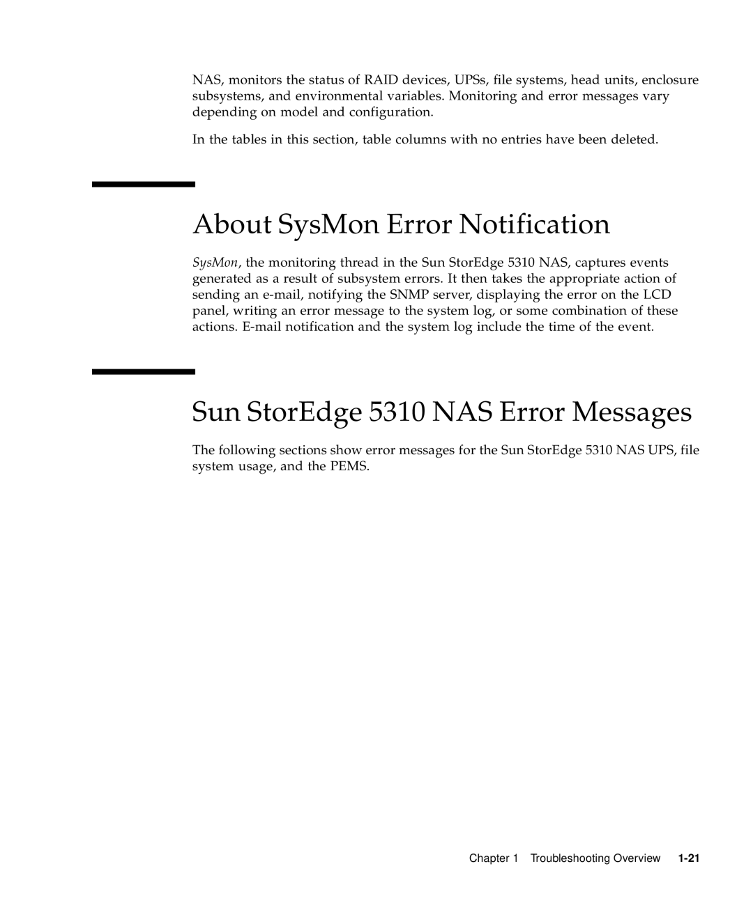 Sun Microsystems manual About SysMon Error Notification, Sun StorEdge 5310 NAS Error Messages 