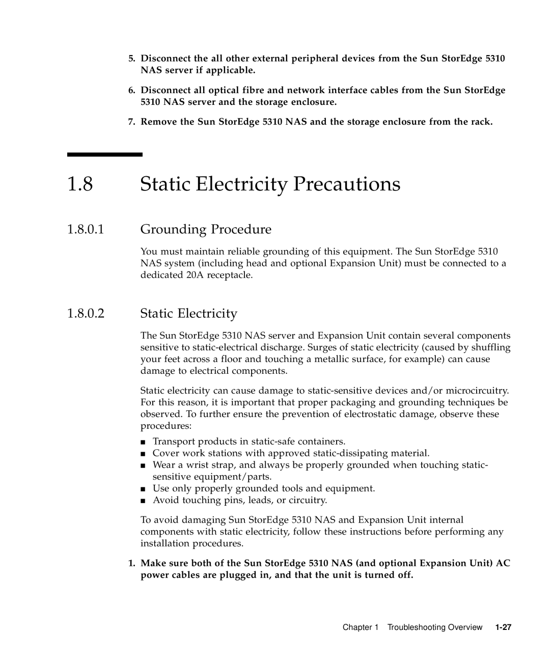 Sun Microsystems 5310 NAS manual Static Electricity Precautions, Grounding Procedure 