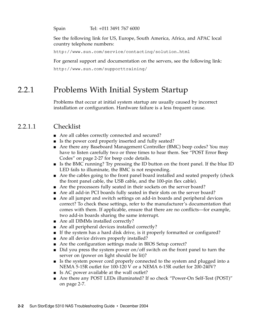 Sun Microsystems 5310 NAS manual Problems With Initial System Startup, Checklist 