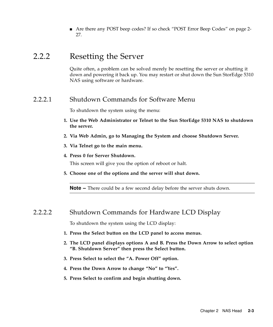 Sun Microsystems 5310 NAS manual Resetting the Server, Shutdown Commands for Software Menu 