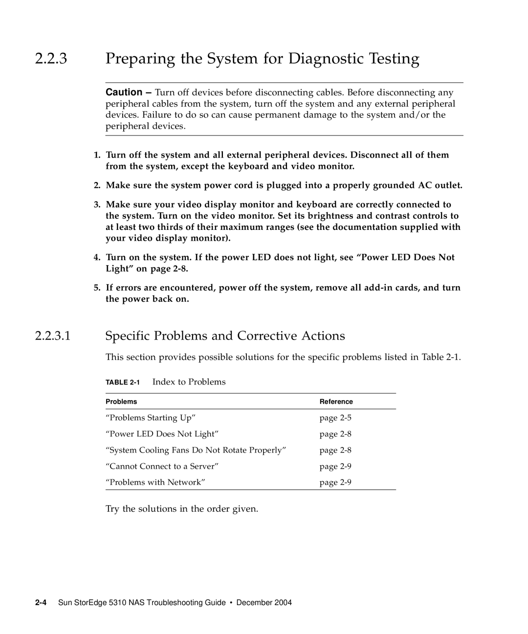 Sun Microsystems 5310 NAS manual Preparing the System for Diagnostic Testing, Specific Problems and Corrective Actions 