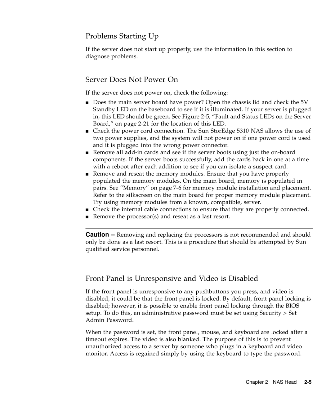 Sun Microsystems 5310 NAS manual Problems Starting Up, Server Does Not Power On 