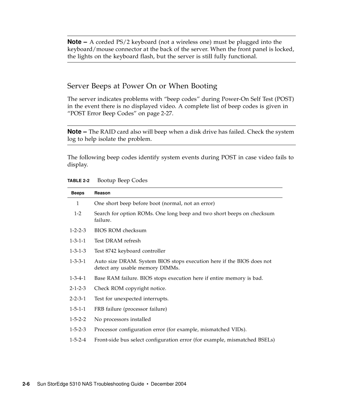 Sun Microsystems 5310 NAS manual Server Beeps at Power On or When Booting, 2Bootup Beep Codes 