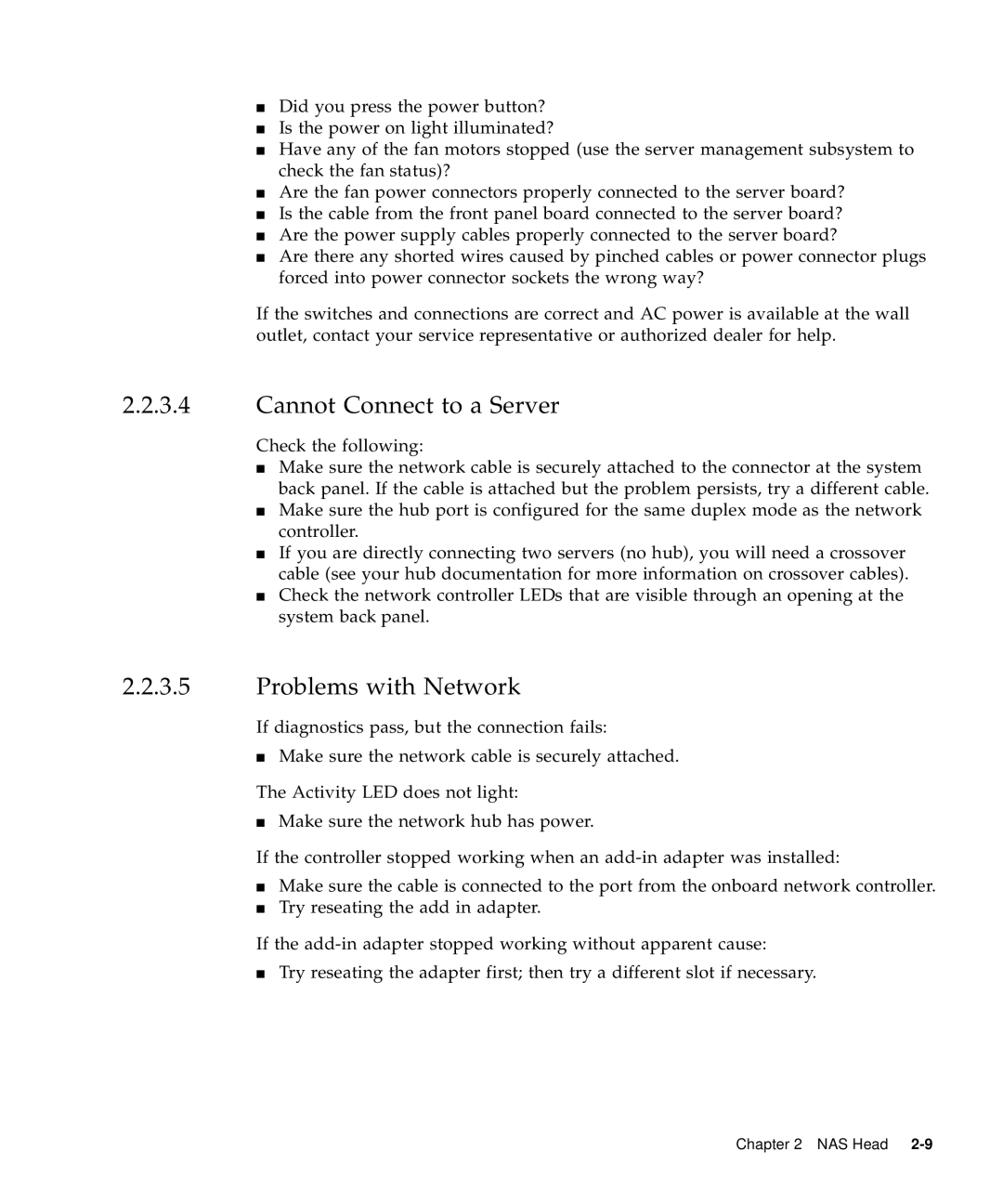 Sun Microsystems 5310 NAS manual Cannot Connect to a Server, Problems with Network 