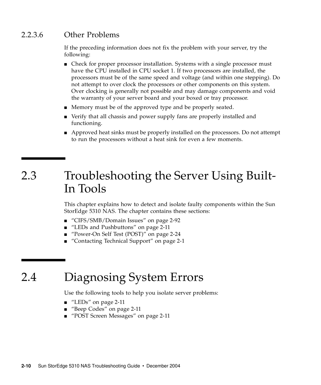 Sun Microsystems 5310 NAS manual Troubleshooting the Server Using Built- In Tools, Diagnosing System Errors, Other Problems 