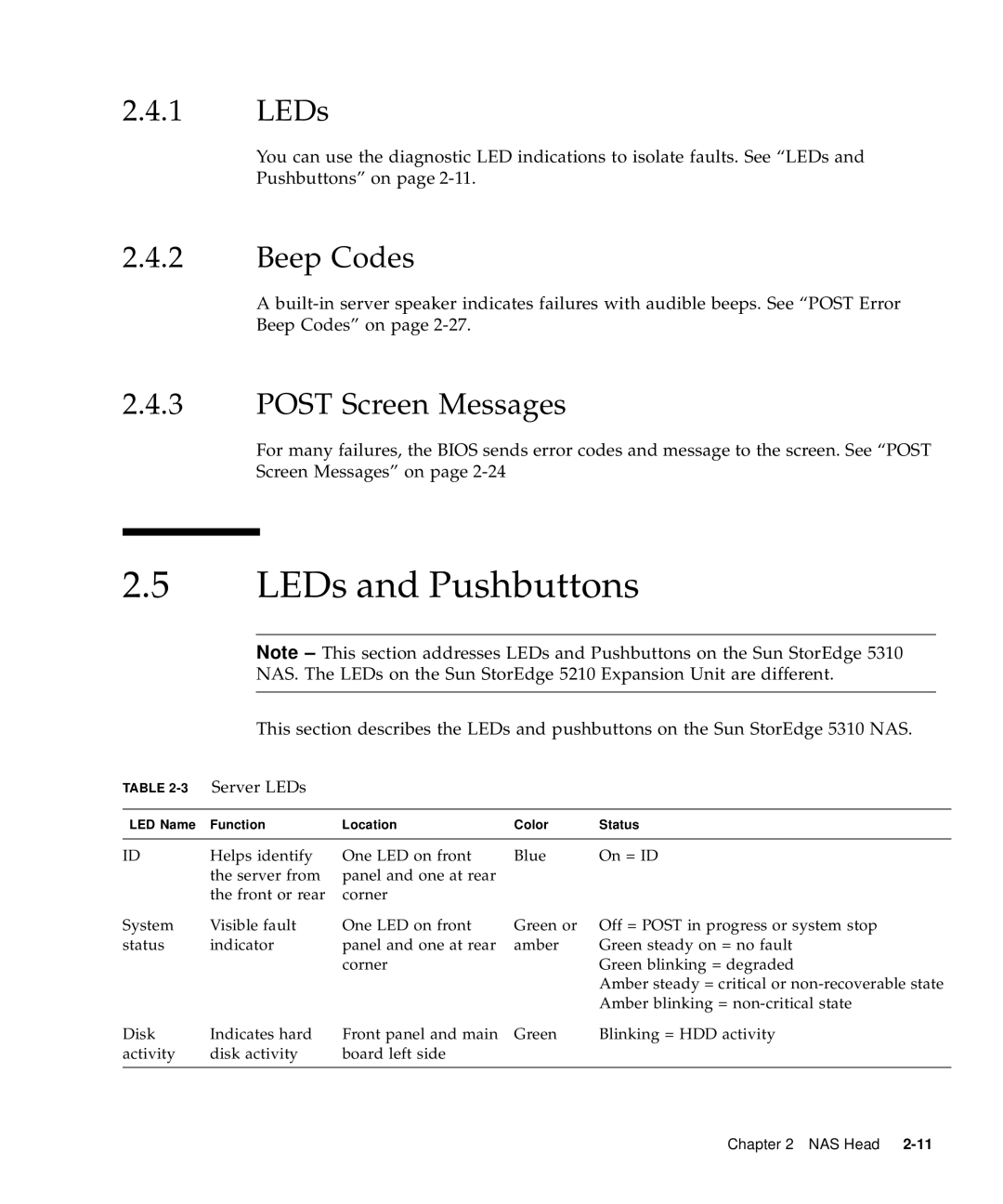 Sun Microsystems 5310 NAS manual LEDs and Pushbuttons, Beep Codes, Post Screen Messages, 3Server LEDs 