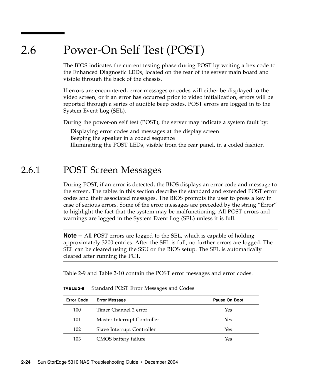 Sun Microsystems 5310 NAS manual Power-On Self Test Post, 9Standard Post Error Messages and Codes 