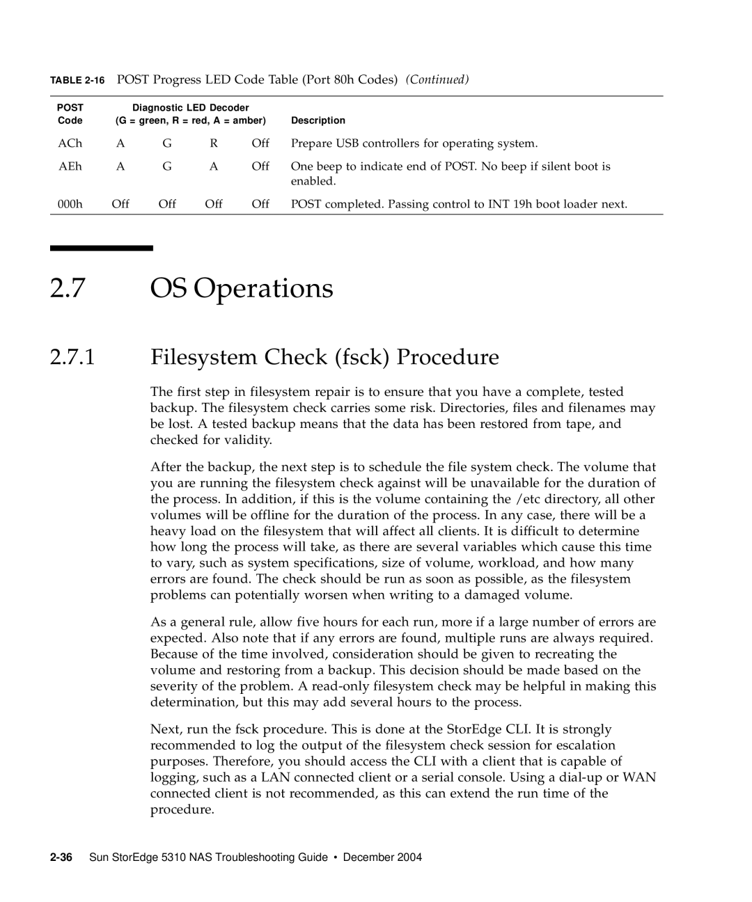 Sun Microsystems 5310 NAS manual OS Operations, Filesystem Check fsck Procedure 