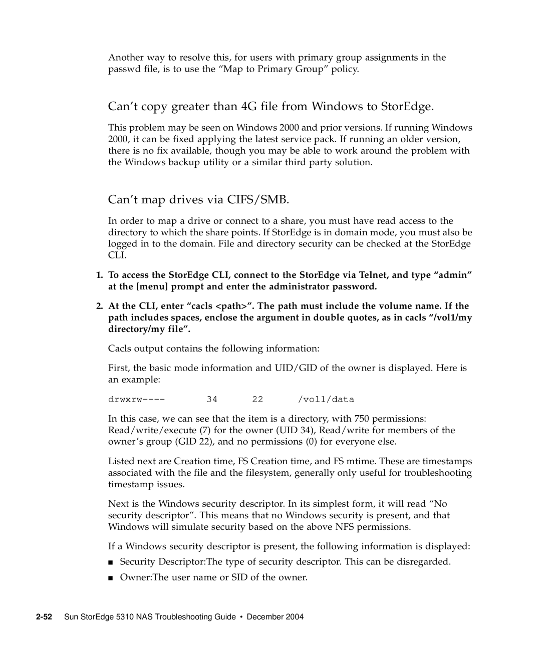 Sun Microsystems 5310 NAS manual Can’t copy greater than 4G file from Windows to StorEdge, Can’t map drives via CIFS/SMB 