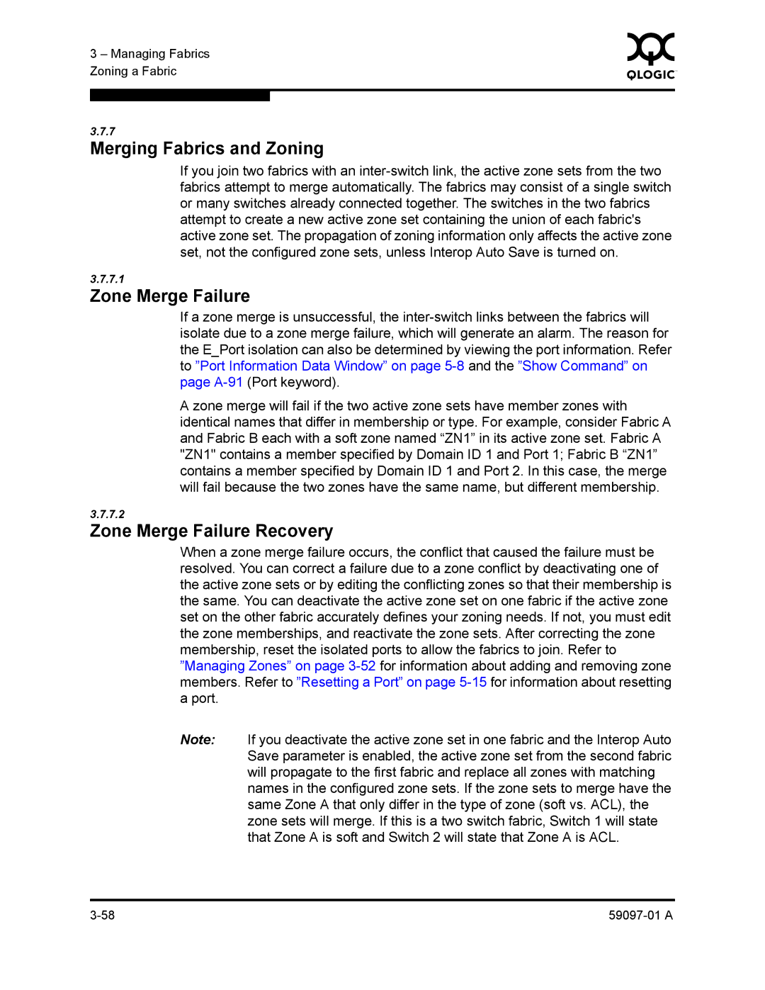 Sun Microsystems 5602 manual Merging Fabrics and Zoning, Zone Merge Failure Recovery 