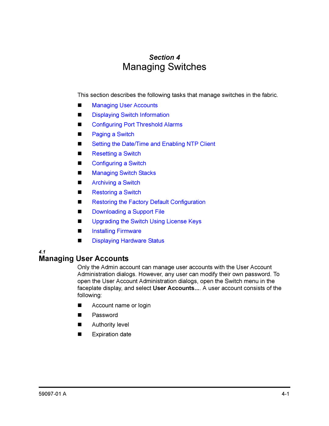 Sun Microsystems 5602 manual Managing Switches, Managing User Accounts 