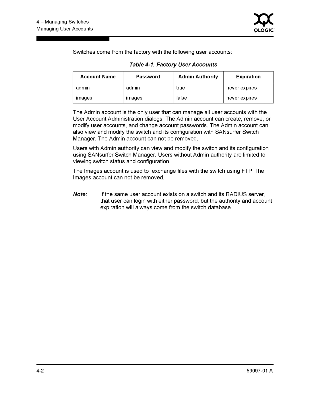 Sun Microsystems 5602 manual Factory User Accounts 