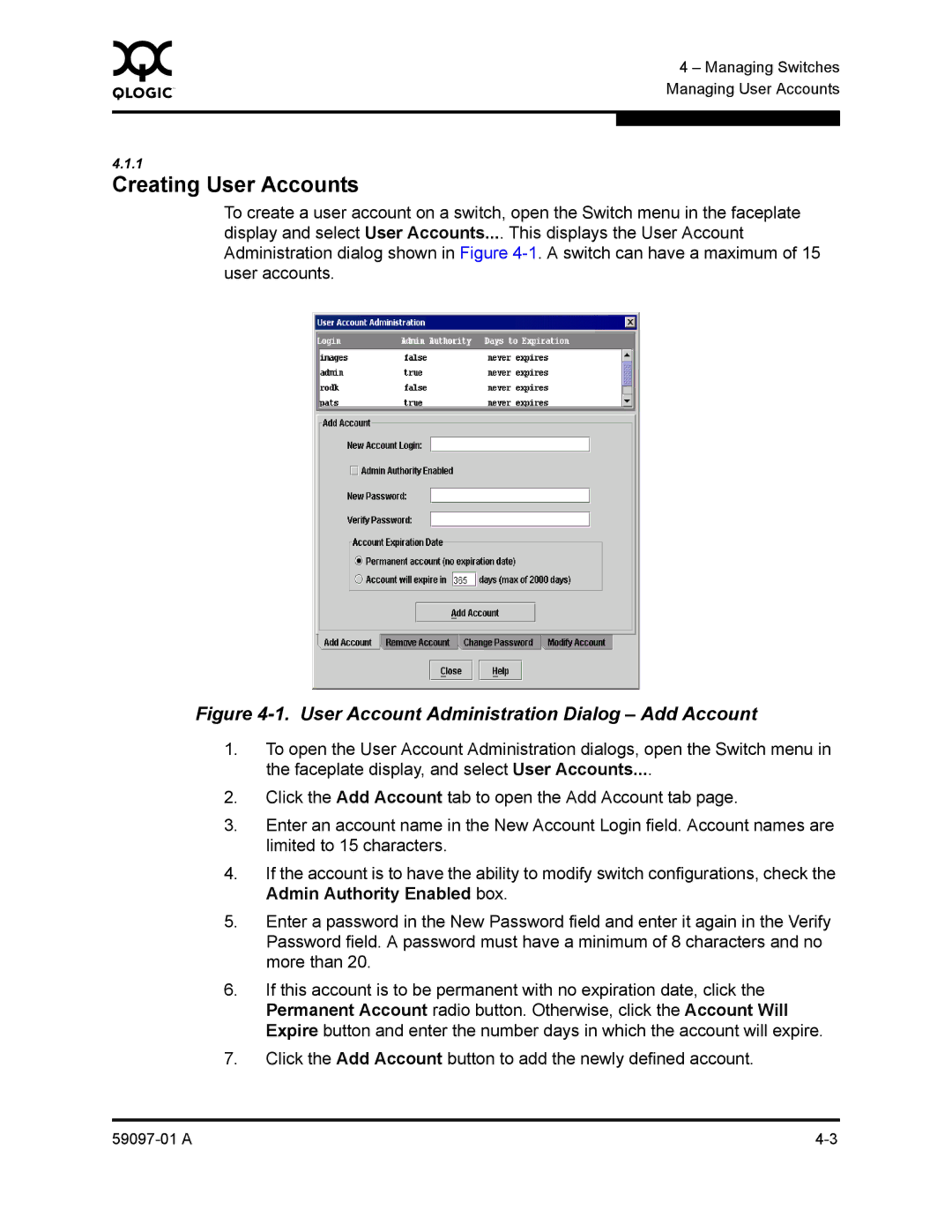 Sun Microsystems 5602 manual Creating User Accounts, User Account Administration Dialog Add Account 