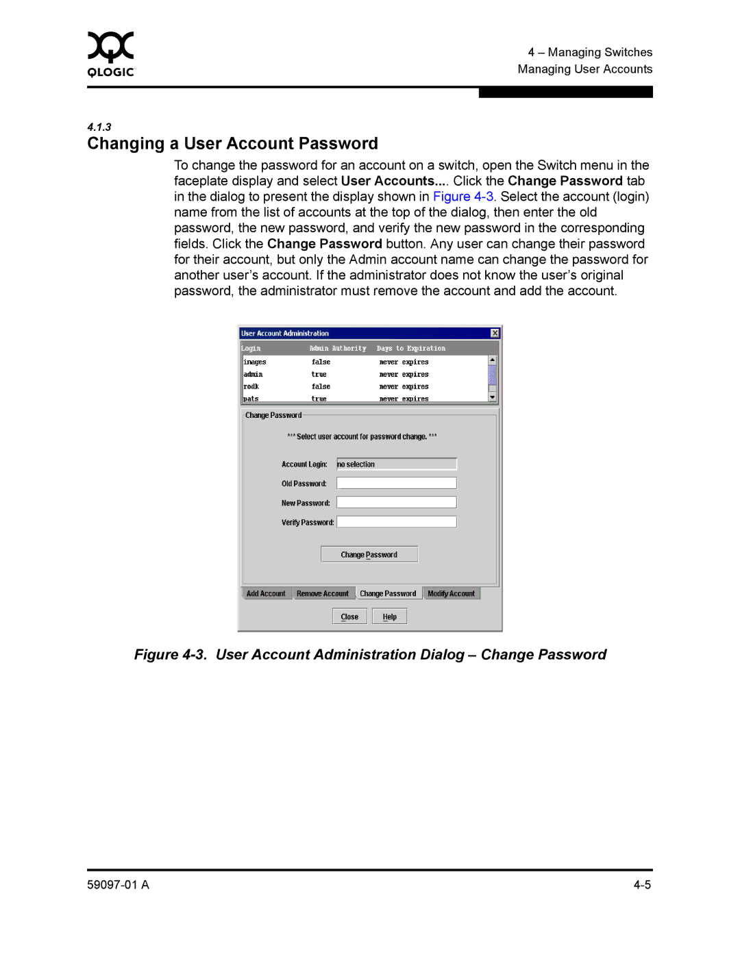 Sun Microsystems 5602 manual Changing a User Account Password, User Account Administration Dialog Change Password 