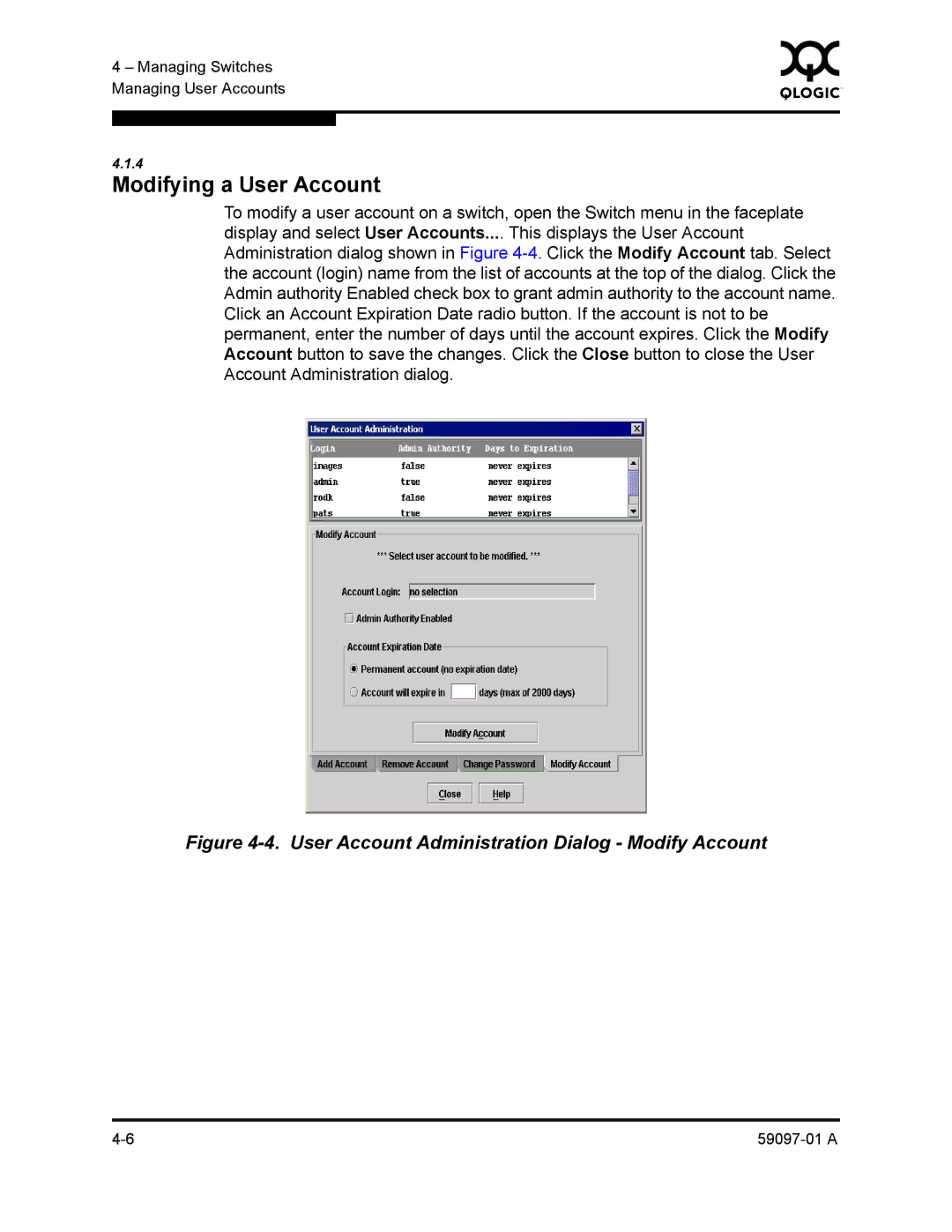 Sun Microsystems 5602 manual Modifying a User Account, User Account Administration Dialog Modify Account 