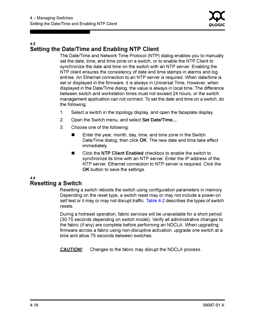 Sun Microsystems 5602 manual Setting the Date/Time and Enabling NTP Client, Resetting a Switch 