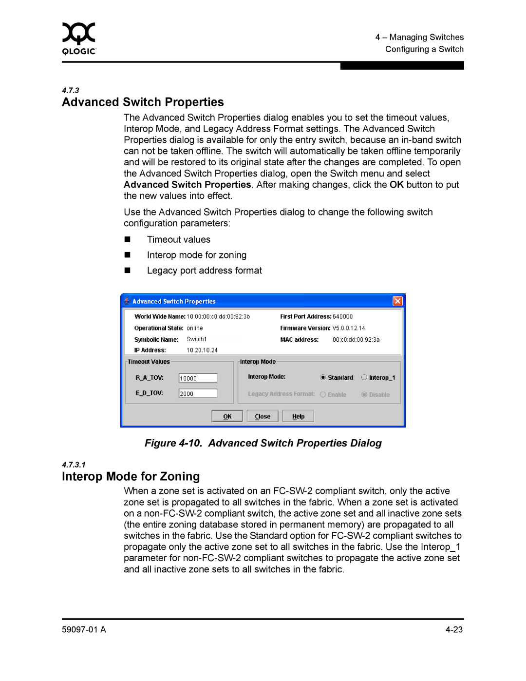 Sun Microsystems 5602 manual Advanced Switch Properties, Interop Mode for Zoning 