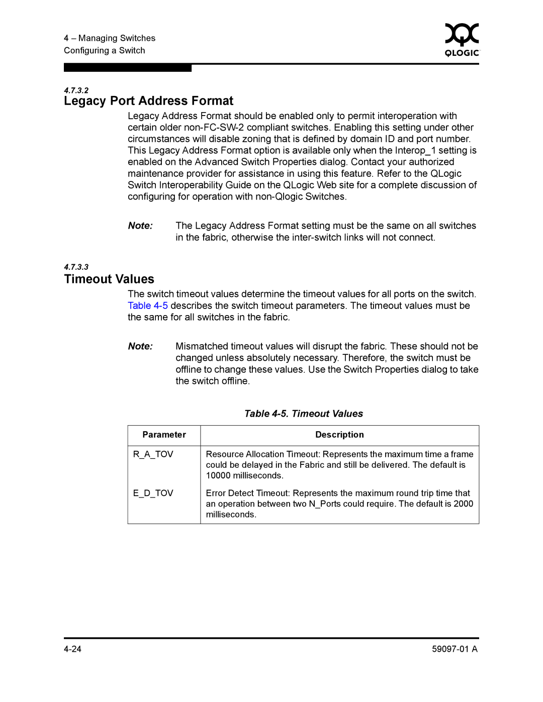 Sun Microsystems 5602 manual Legacy Port Address Format, Timeout Values 