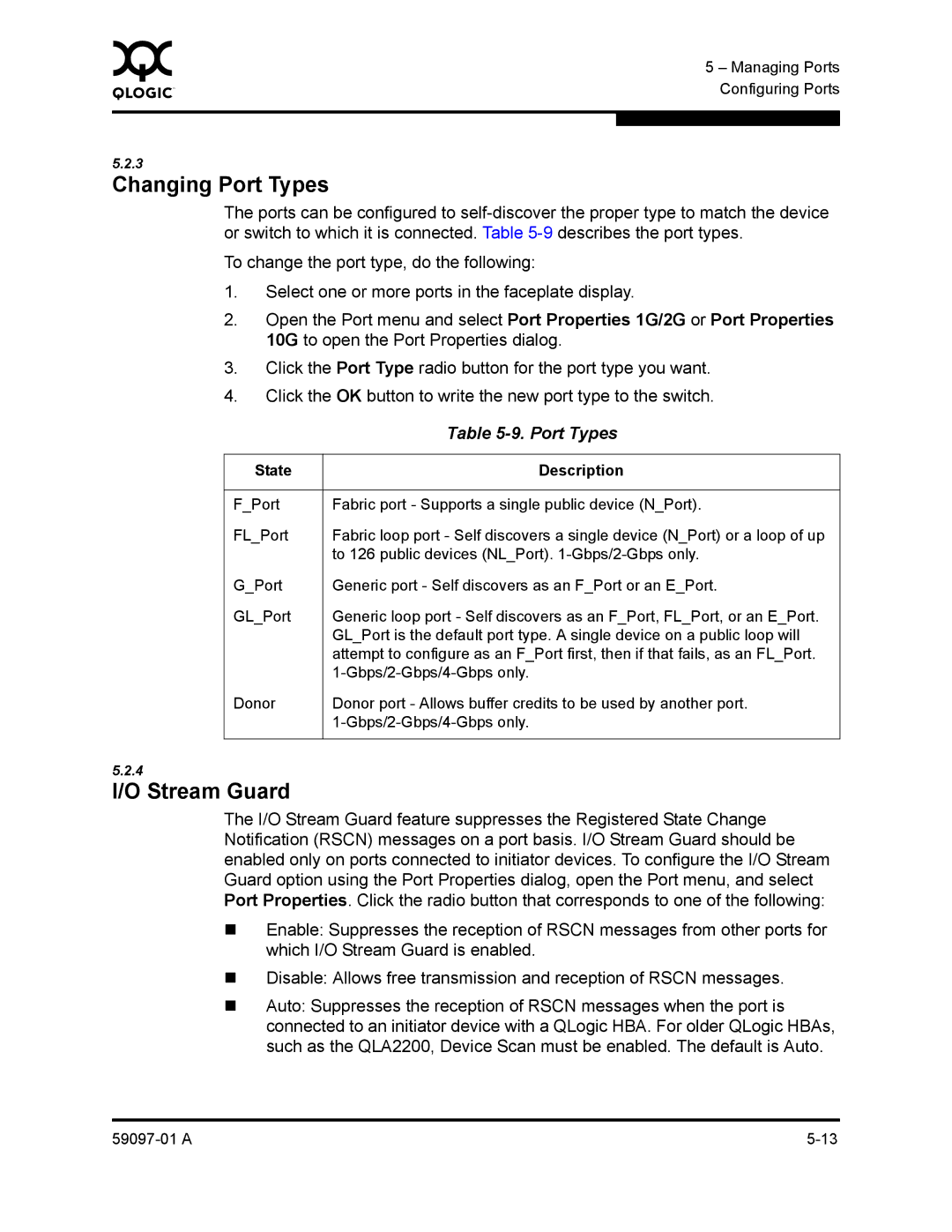 Sun Microsystems 5602 manual Changing Port Types, Stream Guard 