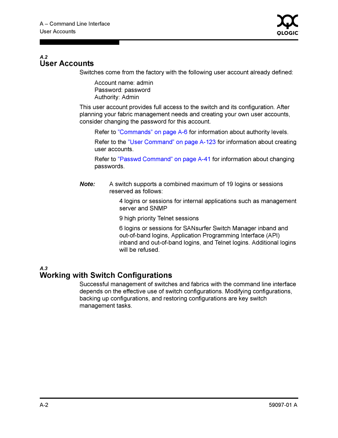 Sun Microsystems 5602 manual User Accounts, Working with Switch Configurations 