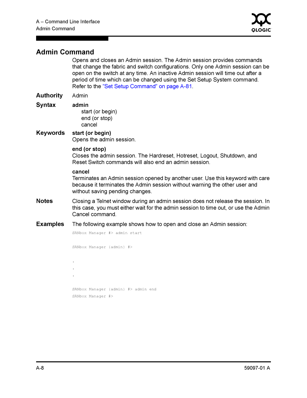 Sun Microsystems 5602 manual Admin Command, Authority, Syntax, Keywords, Examples 