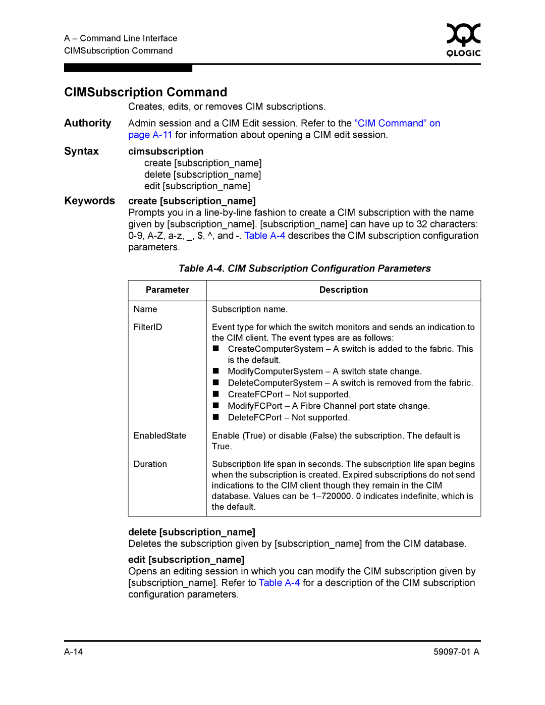 Sun Microsystems 5602 manual CIMSubscription Command, Table A-4. CIM Subscription Configuration Parameters 