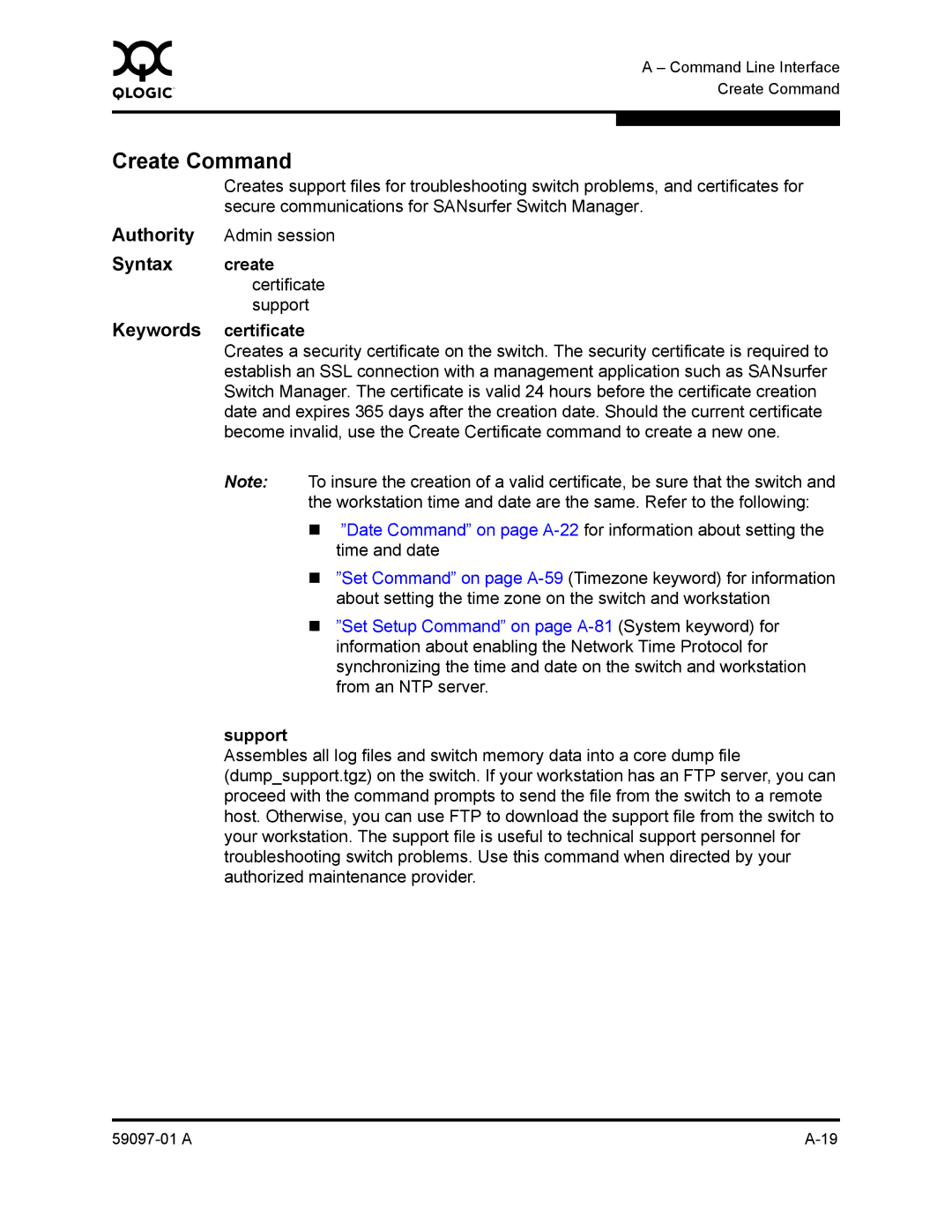 Sun Microsystems 5602 manual Create Command, Certificate, Support 