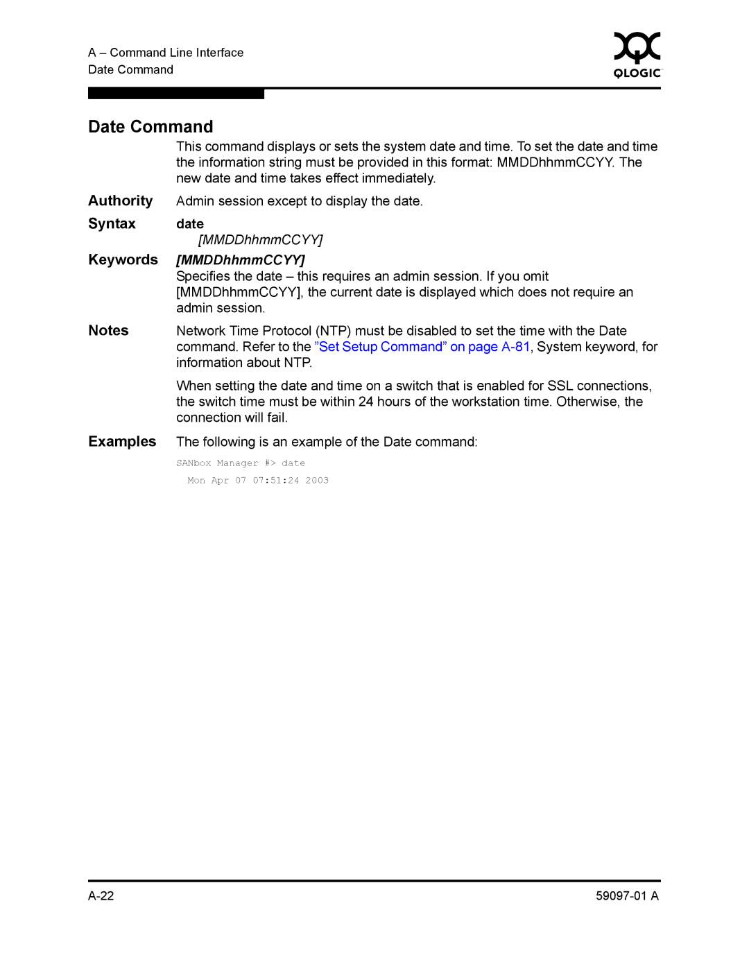 Sun Microsystems 5602 manual Date Command, Syntax date, Keywords MMDDhhmmCCYY 