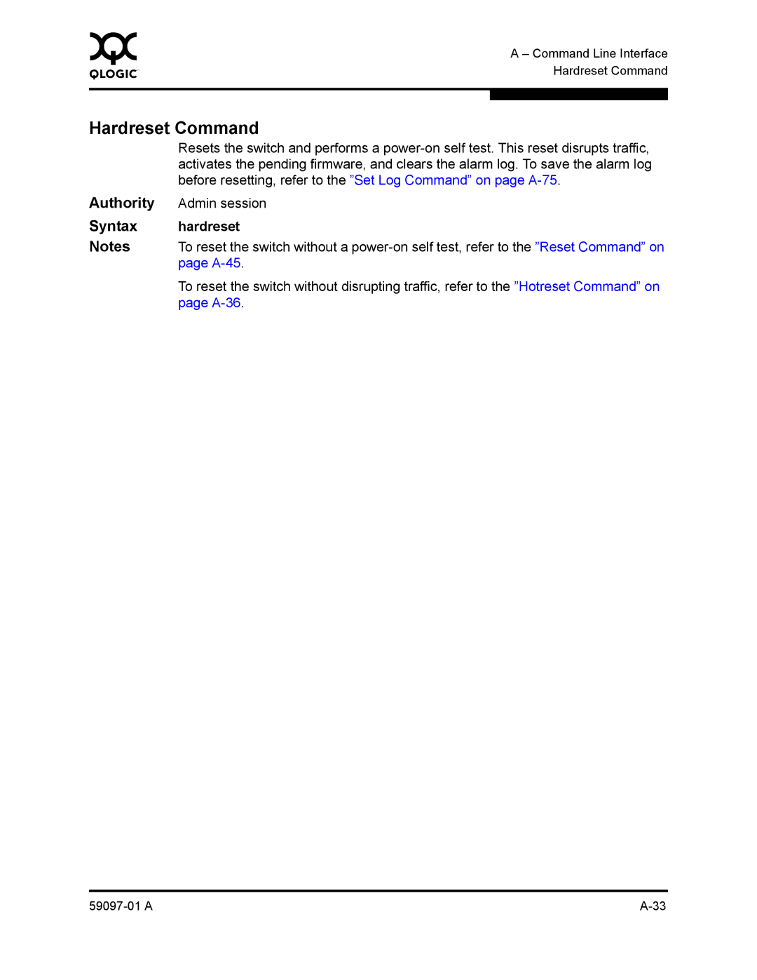 Sun Microsystems 5602 manual Hardreset Command, Syntax 